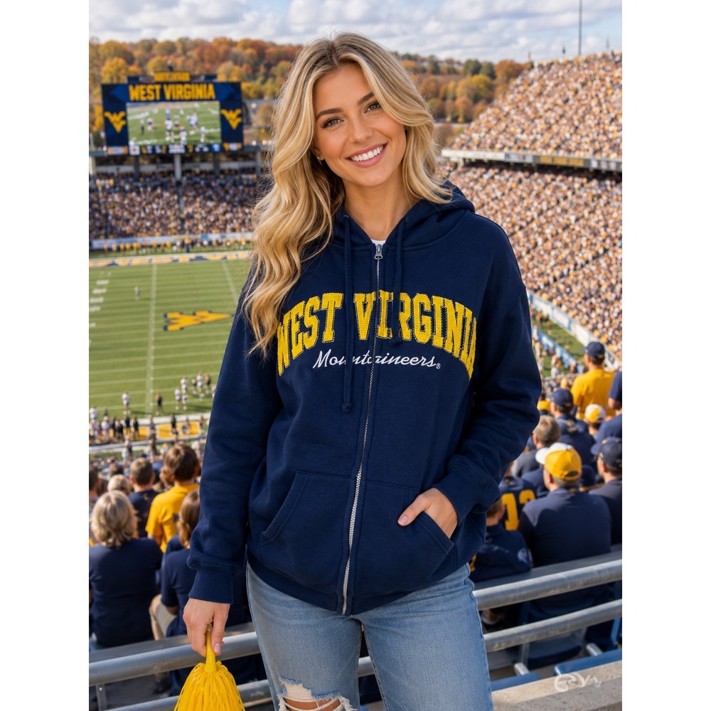 J. America West Virginia Mountaineers Full Zip Hoodie Navy Blue Mens Medium